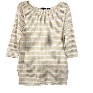 Jeanne Pierre Open Knit Cotton Sweater Cream Beige Stripe Coastal Tunic Size XL